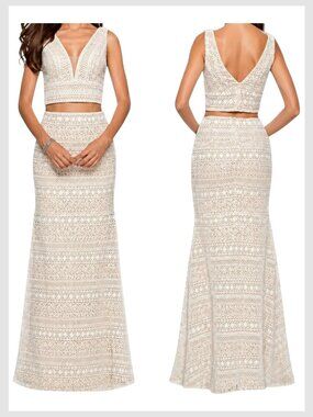 La Femme White Nude Lace Two Piece Mermaid Gown Size 2